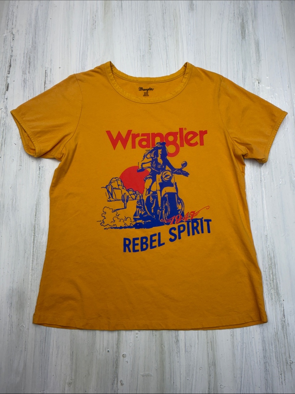 Wrangler Retro Western Motorcycle Graphic T-Gold Tee Sz L